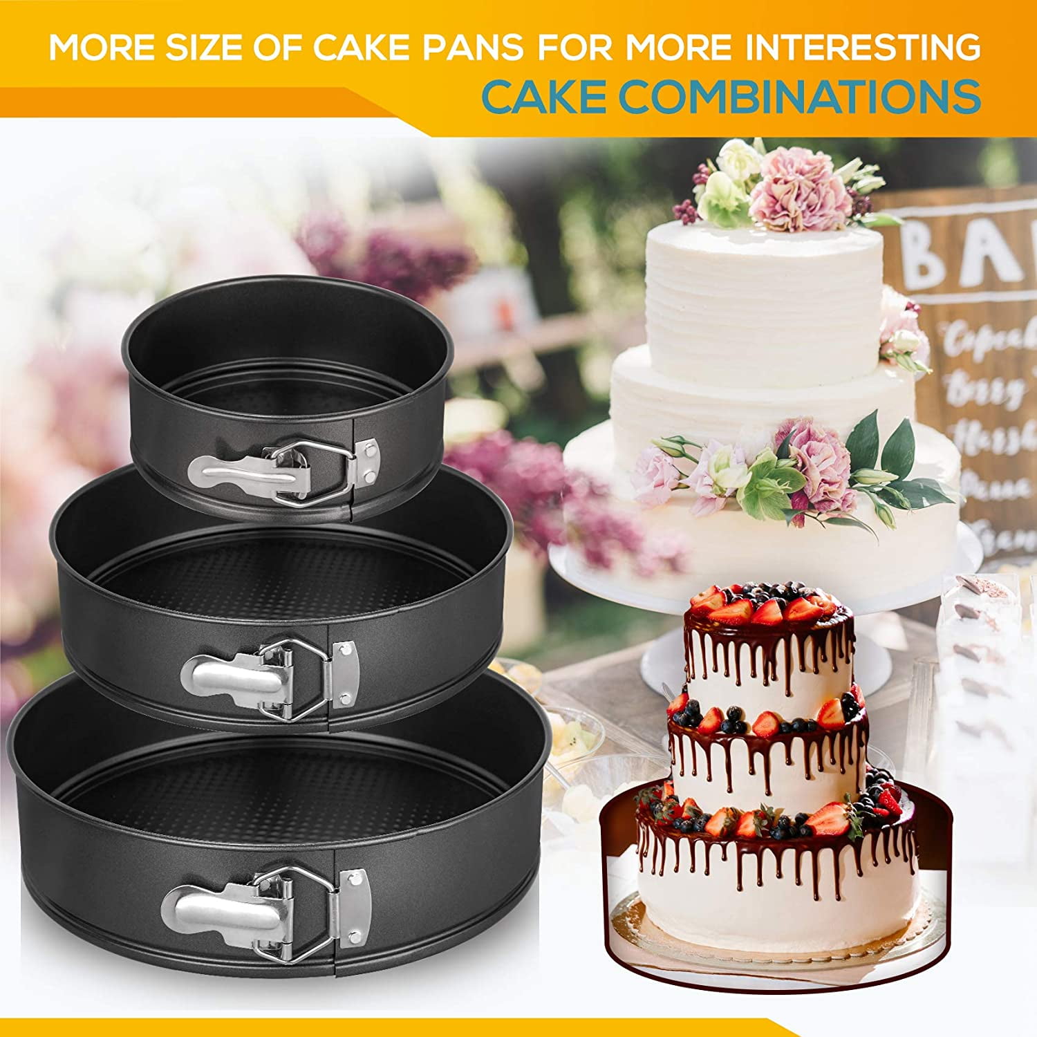 Tebery 3 Pack 7" 9" 10" Non-stick Springform Cake Pan Set Leakproof Round Cake 