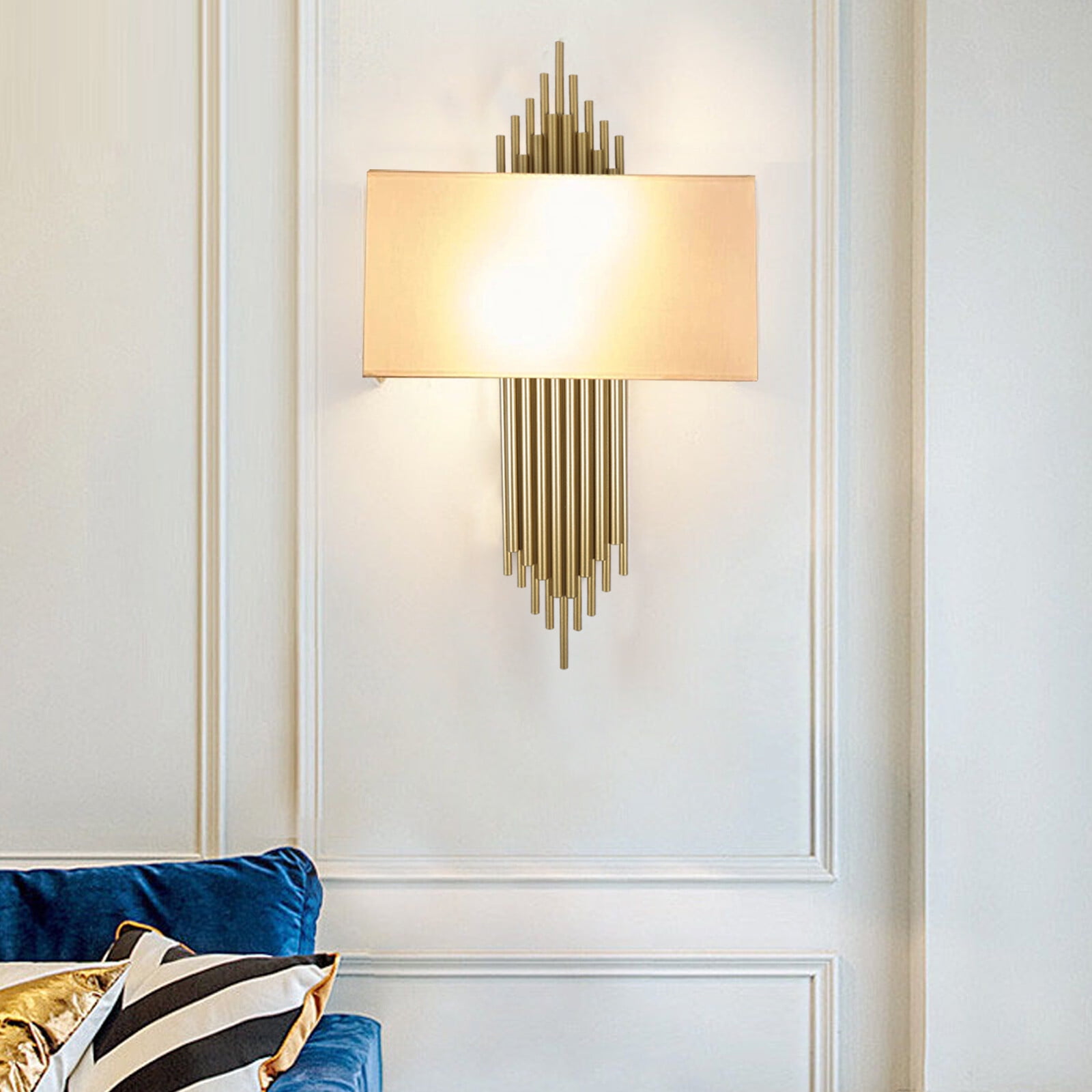 Modern Wall Sconce, 2-Light Bamboo Raft Design Gold/White Wall Lamp for Living Room Bedroom, Dimmable E12 Candelabra Base, Metal & PVC Artistic Light Fixture for Hallway, Dining Room, Entryway