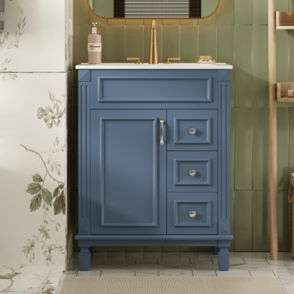 24" Bathroom Vanity with Sink, Modern French Style Bathroom Cabinet with Ceramic Sink, Small Bathroom Storage Cabinet with 2 Drawers, Adjustable Shelf, Blue