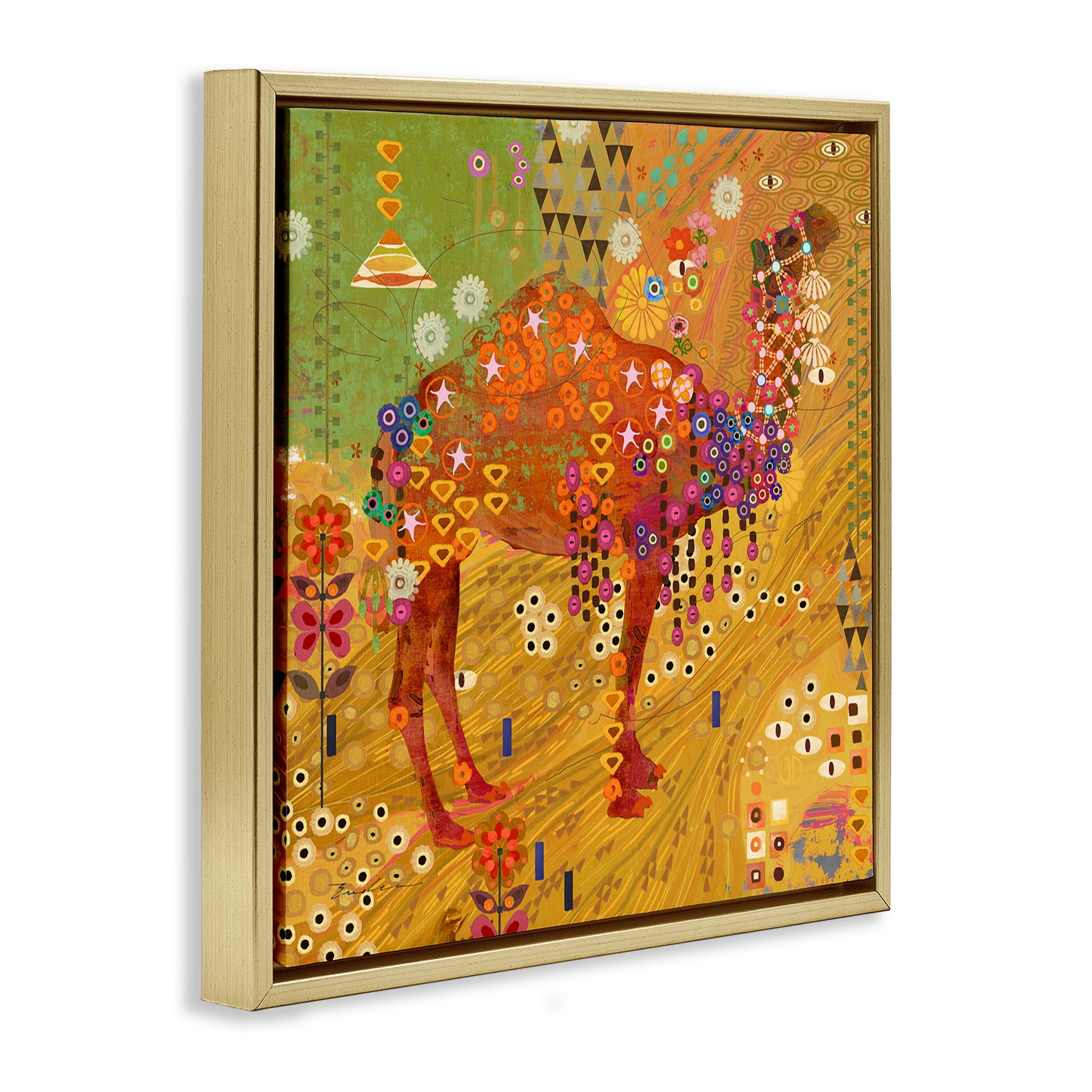 Stupell Industries Boho Patterned Camel Animals & Insects Painting Gold Floater Framed Canvas Art Print Wall Art, 25 x 25