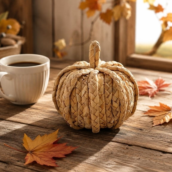 Rattan Pumpkin Decor– Halloween Handmade Woven Pumpkin Decor, 5.1" Natural Water Hyacinth Ornament for Tabletop