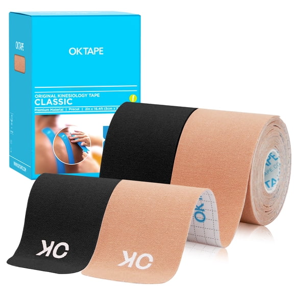 OK TAPE Precut Kinesiology Tape Athletic Tape,20 Count, 2in x 16ft, Latex Free Elastic Bandage,2Roll,Beige Black