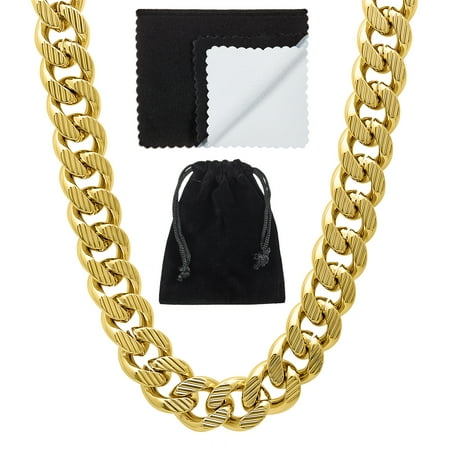 Men's 11mm Chunky 14k Yellow Gold Plated Flat Miami Cuban Link Chain Necklace, 24 inches
