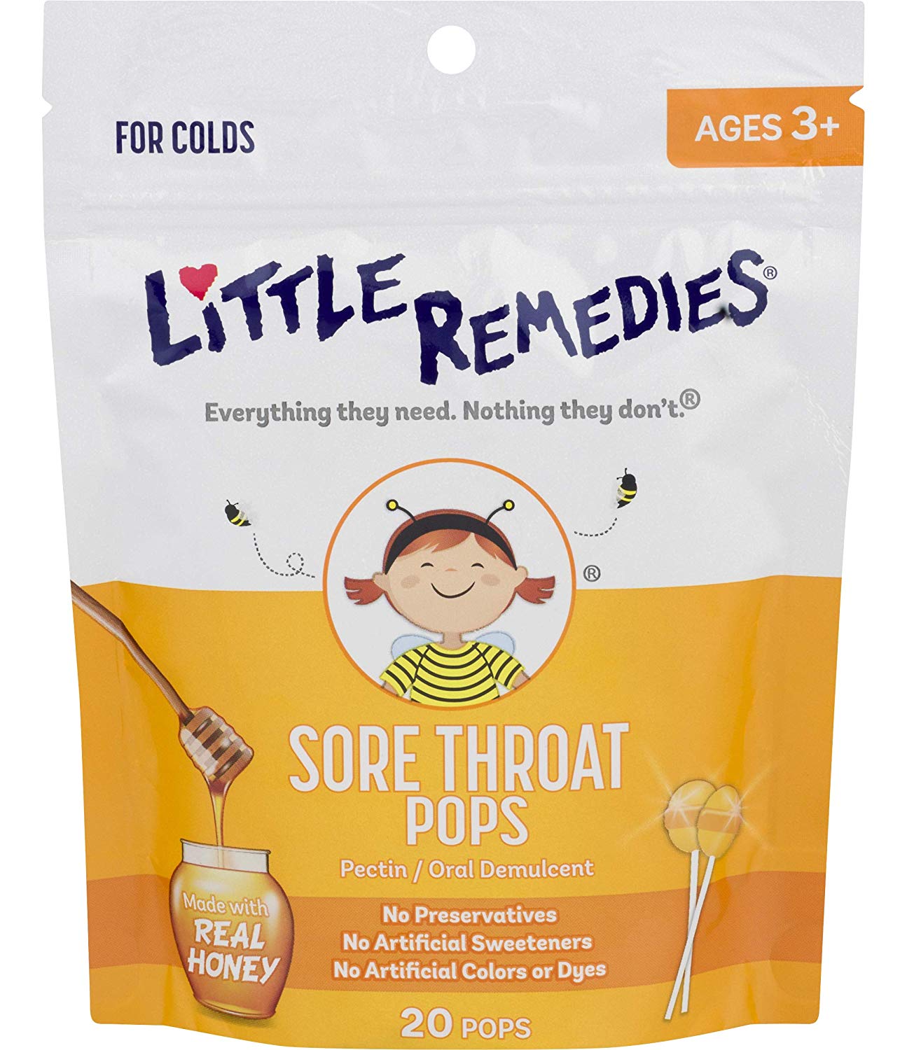 3 Pack Little Remedies Sore throat Pops Made With Real Honey Bag of 20