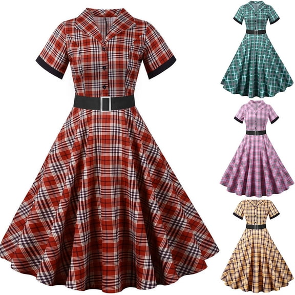 Antinious Summer Dresses for Women,Beach Dresses for Women,Elegant Dresses for Women Vintage Short Sleeve V-Neck Knee-High Hem Dress,Pink,XL