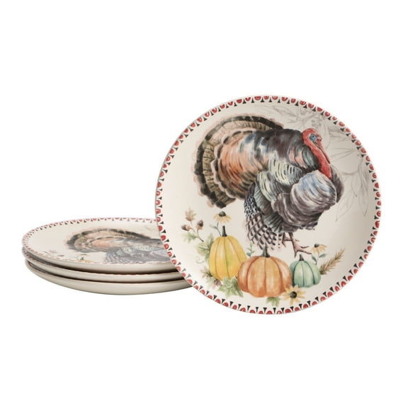 Bico Blessing Season Ceramic Salad Plates, 8.75 inch, Set of 4, for Salad, Appetizer, Microwave & Dishwasher Safe Turkey Design