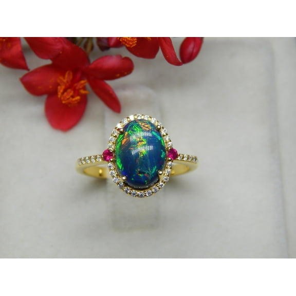 ArtPalacebyMitika Lab Black Fire Opal & Ruby Ring, Multi Gemstone 925 Sterling Silver, 18k Yellow Gold Plated Ring, Black Opal Promise Ring, A Perfect For Her