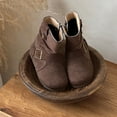 thumbnail image 2 of Girls Winter Riding Boots Vintage Suede Round Toe Antislip Flat Mid Calf Booties Trendy Buckle Strap Zipper Moto Boots 9 Toddler Brown, 2 of 6