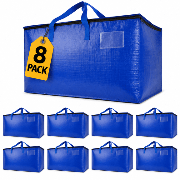 Extra Large Moving Bags 8-Pack Heavy Duty Blue with Zippers & Backpack Handles, Storage Totes for Clothes, Packing, Dorm Storage, Reinforced Handles, Collapsible Space Saving Moving Boxes