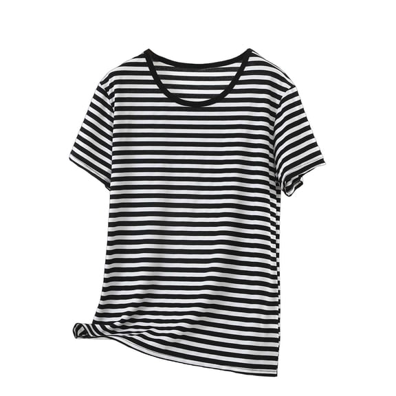 Sexlip Womens Short Sleeve Striped Crew Neck T Shirt Curved Hem Design Stretchy Fabric Relaxed Silhouette for Beach Days Silver M