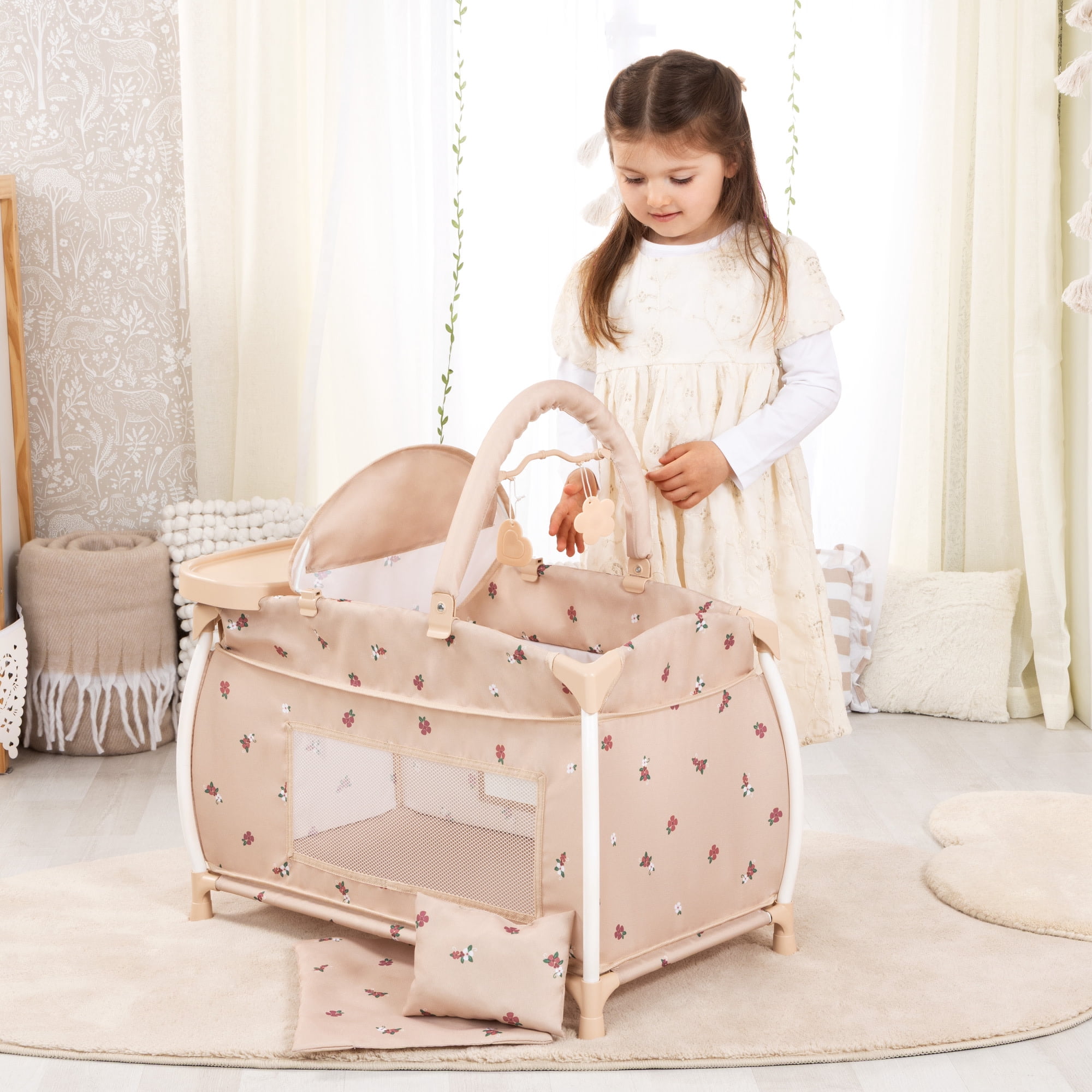 Bayer Design: Doll Multi-Bed - Beige & Flowers - Sleep Playpen, Built-In Feeding Highchair, Pillow-Blanket-Mobile, Care Center Fits 18" Dolls, Kids 3+