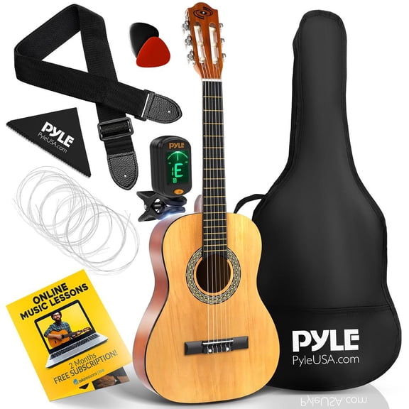 Pyle 1/2 Size Beginner Acoustic Guitar Kit – 34” Junior All Wood Guitar with Carry Case, Strap, Picks, Cleaning Cloth, Tuner App & 2-Month Lessons