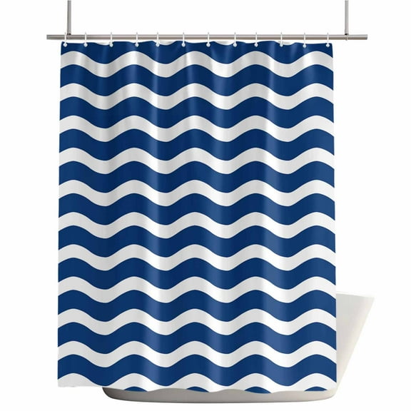 Shower Curtains for Bathroom-72"x72",Navy Blue White Water Ripple Waterproof Bath Curtain Grommet Shower Curtain Set with Hooks,Nautical Ocean Wave Stripe Washable Bath Accessories