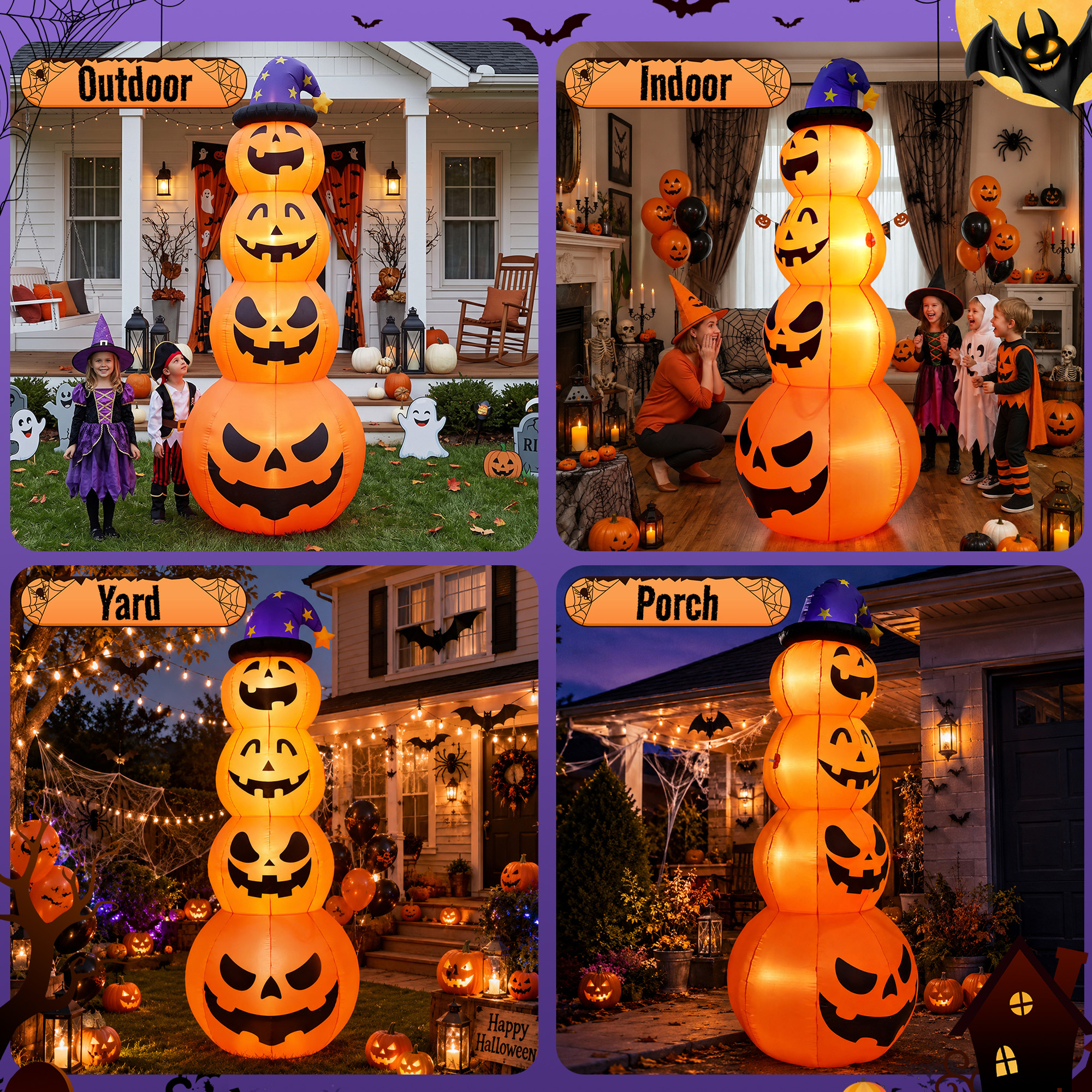 Qunler 8 Ft Halloween Pumpkin Stack Inflatable with Witch Hat photo 8