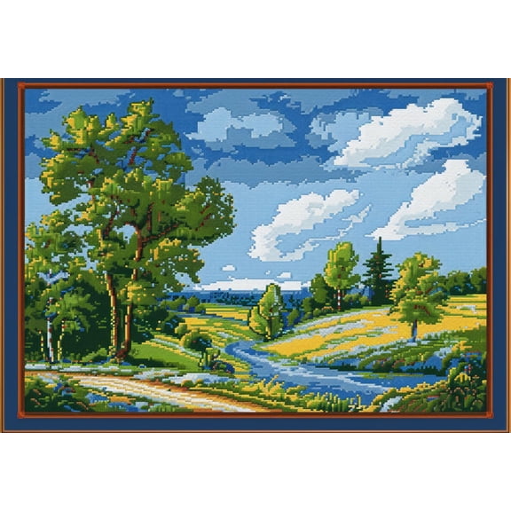 Landscape of Trees River White Cloud DIY 11CT Stamped Cross Stitch Kits for Beginners Easy Needlepoint Embroidery Counted Cross Stitch Art Craft for Wall Decoration 12x16inch(2)