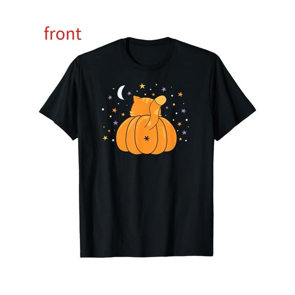 Comfortable Women's Halloween Cat Tee Pumpkin Graphic Feline Top Short Sleeve Round Neck Black S-5XL