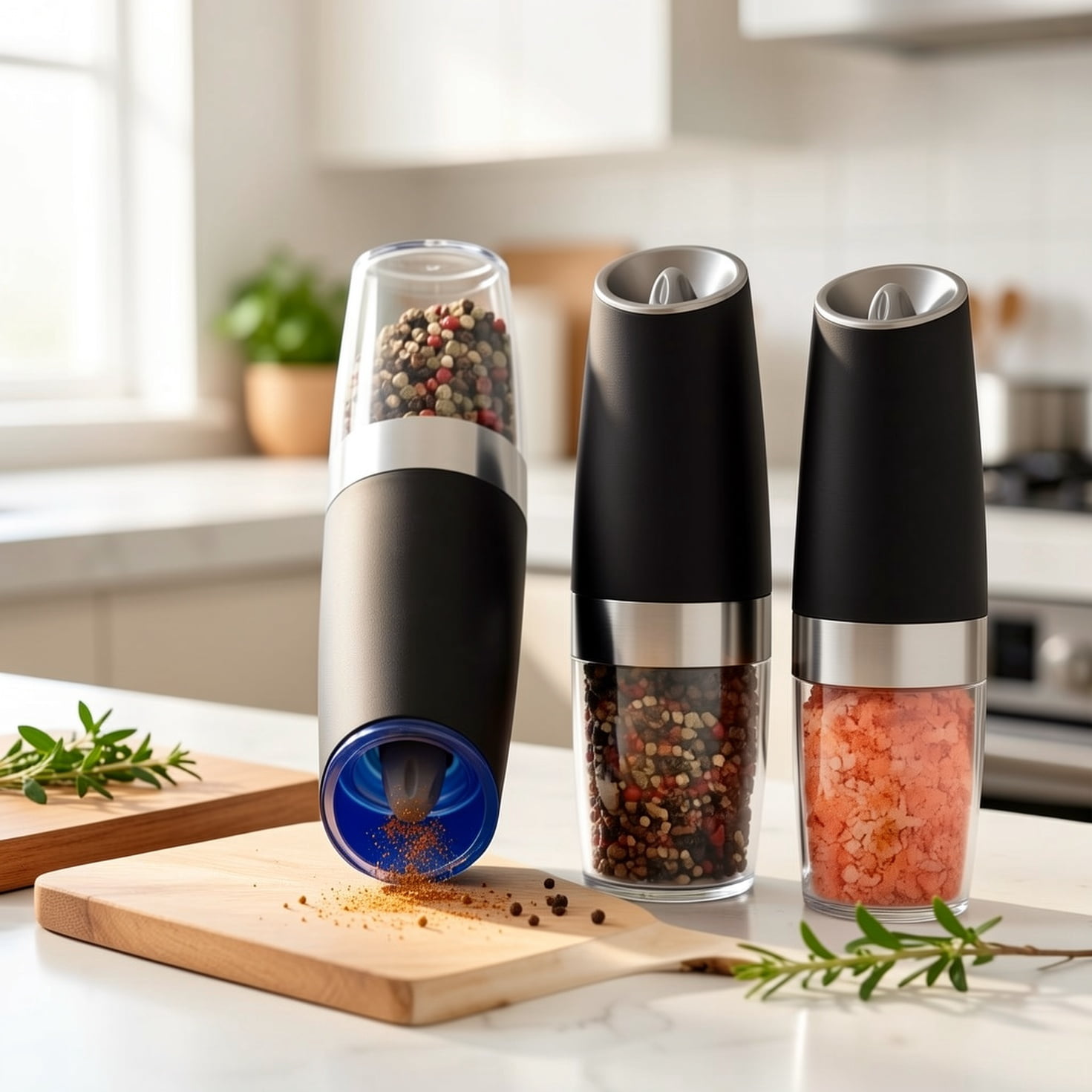 Electric Salt And Pepper Grinder Set, 3.72oz Larger Automatic Salt And Pepper Mill Grinder with 6 Adjustable Coarseness, Electric Salt And Pepper Shakers, LED, 1/2 Packs, Black