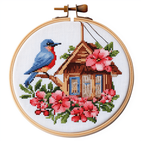 Bird House DIY Stamped Cross Stitch Kits for Beginners Easy with Hoop 11CT Needlepoint Embroidery Counted Cross Stitch Kits Art Craft Wall Decoration 30x30cm(3)