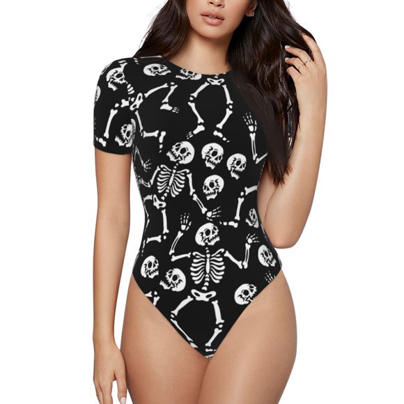 Cauagu Skeletons Dancing Women's Crew Neck Round Short Sleeve T Shirts Tops Bodysuit Daily Jumpsuit-Medium