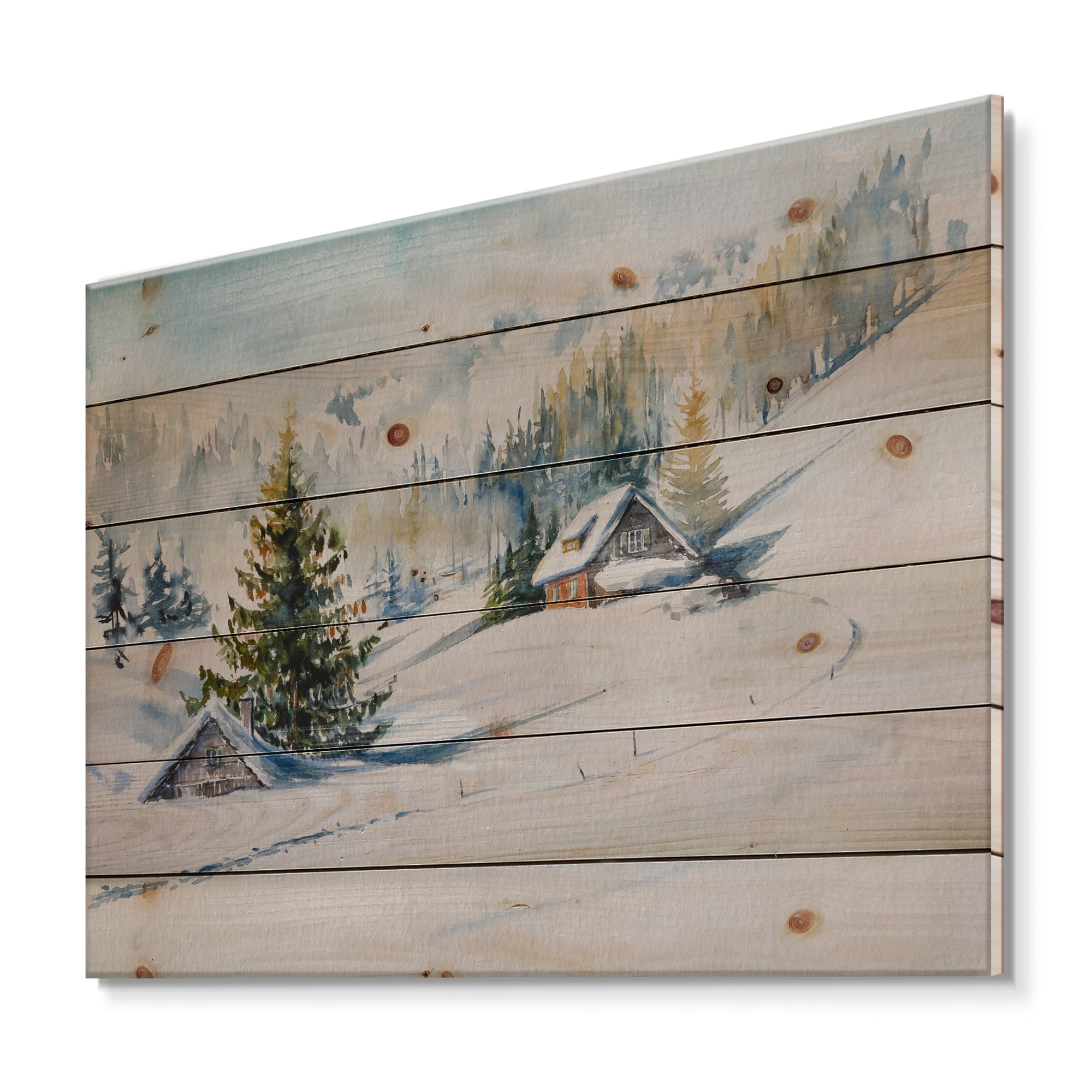 Designart 'The Winter Mountains With Little House' Traditional Print on Natural Pine Wood