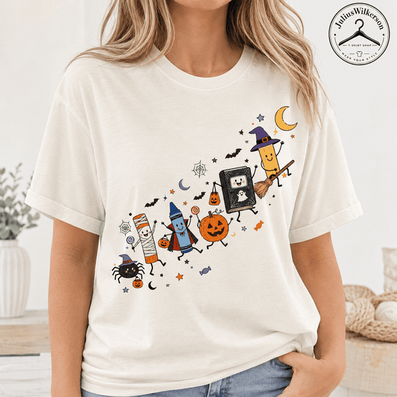 Halloween Teacher T-Shirt, Cute School Supplies Graphic Tee, Spooky Back-to-School Classroom Gift Shirt