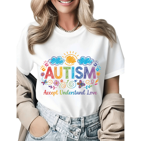 Boho Autism Floral Handprint Graphic Tees Womans T-shirt Tops Black/White S-5XL