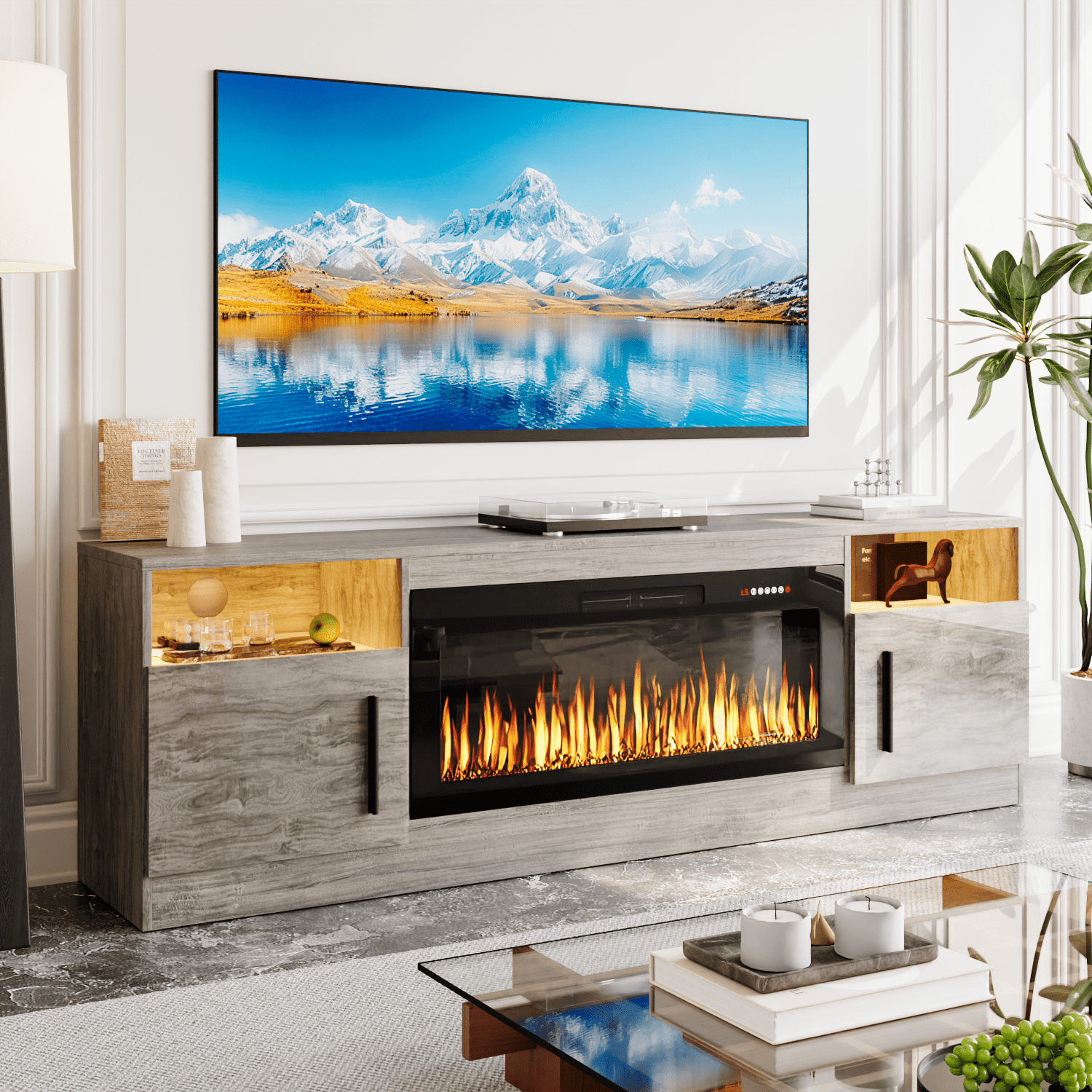 Gray TV Stand with Black Fireplace
