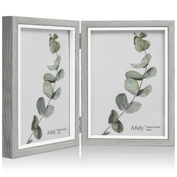 Afuly 5x7 Picture Frame Grey Hinged Double Photo Frames with Real Glass 2 Openings for Tabletop Display, Modern Home Decor, Wedding, Anniversary Gift
