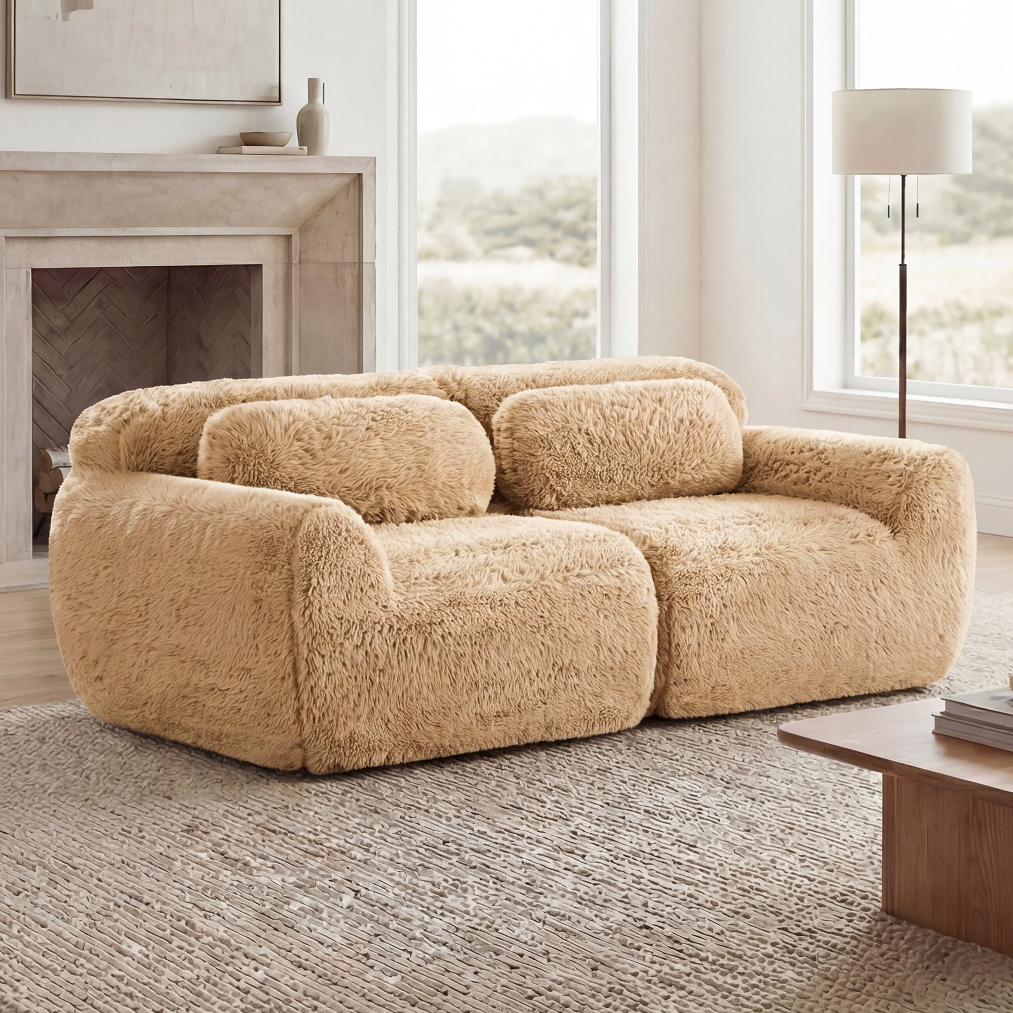 Anpport 80" 2-Seater Modular Cloud Sofa, Soft Fluffy Plush Fabric Sectional Couch, 32D High Density Sponge, No Assembly Required Ergonomic Comfy Sofa with Pillows for Living Room, Light Khaki