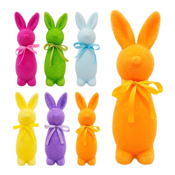 8.66 Inch Easter Flocked Bunny Figurine, Colorful Velvet Easter Rabbit Decor with Satin Bow, Orange Color for Easter Table Decorations, Indoor Easter Decor for Home Office Party Shelf Mantel Display