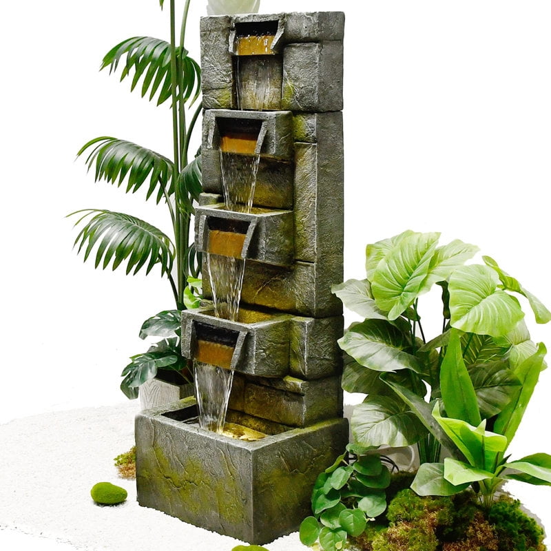 Water Fountain Outdoor Modern Waterfalls Garden Fountains with Lights for Garden, Patio, Backyard, Deck, Porch and Home Art Decor