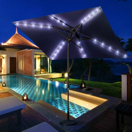 Faded Patio Umbrella Aok Garden 10 Ft LED Lighted Patio Outdoor Umbrella Solar Power Market Table Fade-Resistant Umbrella with Push Button Tilt & Crank and 8 Sturdy Ribs,Navy Blue ()