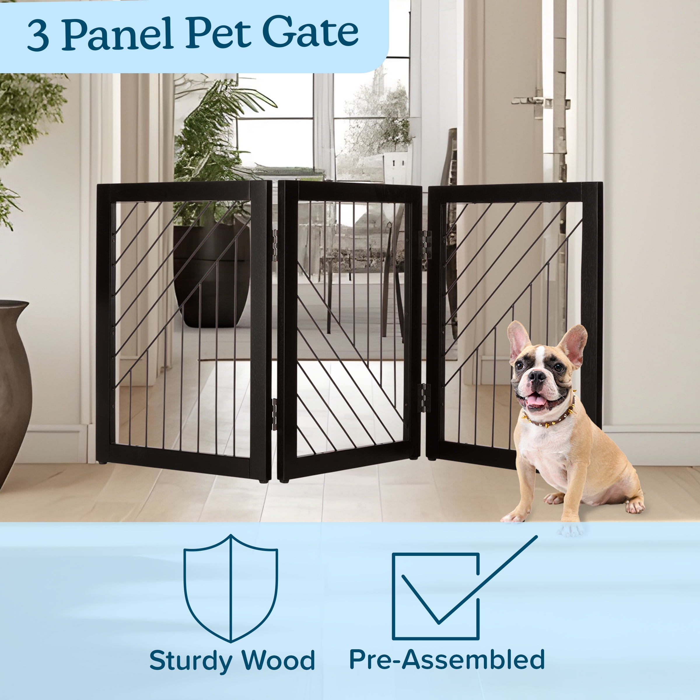 PETMAKER 3-Panel 24-Inch Freestanding Foldable Pet Gate for Stairs (Black)