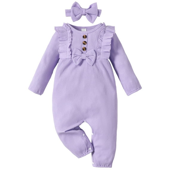 18 Months Baby Girls Romper 24 Months Girls One-piece Bodysuit Solid Color Round Neck Cute Bowknot Toddler Girls Long Sleeve Bodysuit with Headband Purple