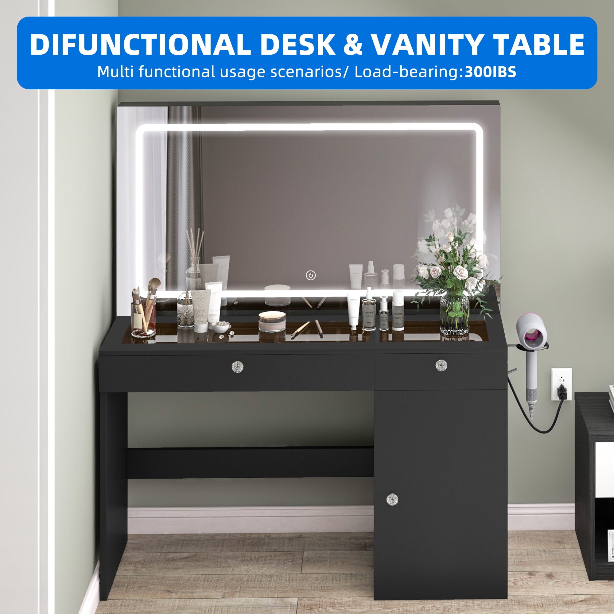 Uforic Modern Vanity Desk with LED Lighted Mirror & Power Outlet, Makeup Vanity Table with Drawers & Cabinet , Bedroom Dressing Vanity with Dividers and Hair Dryer Rack, Black