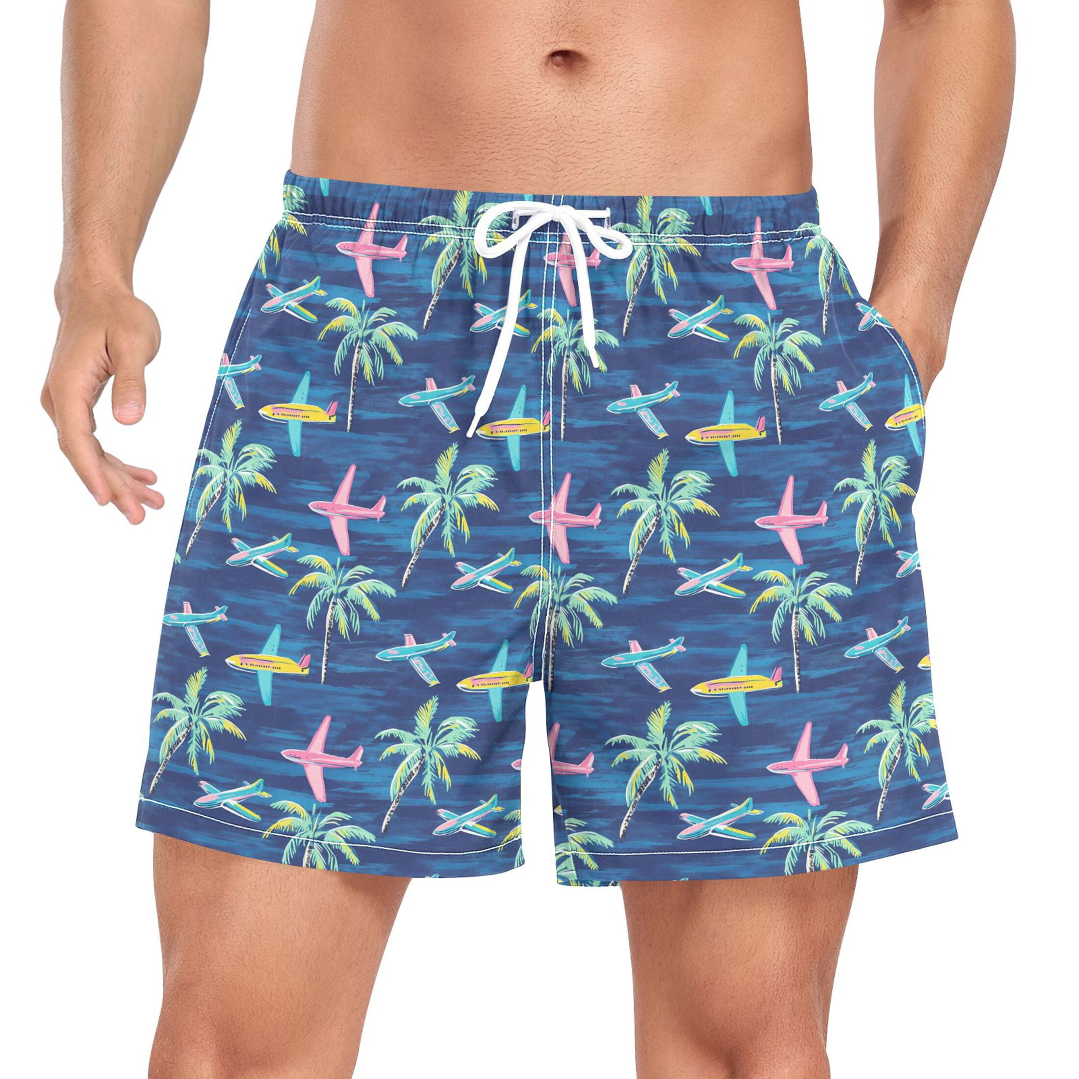 joogoo Men's Airplanes Palm Trees Swim Trunks with Liner Pocket Beach Shorts XL