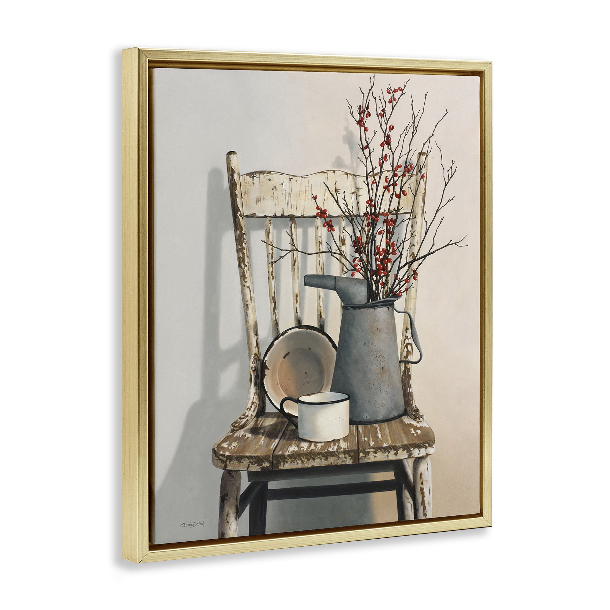 Stupell Industries Vintage Rustic Things Neutral Painting Metallic Gold Framed Floating Canvas Wall Art, 16x20, by Cecile Baird