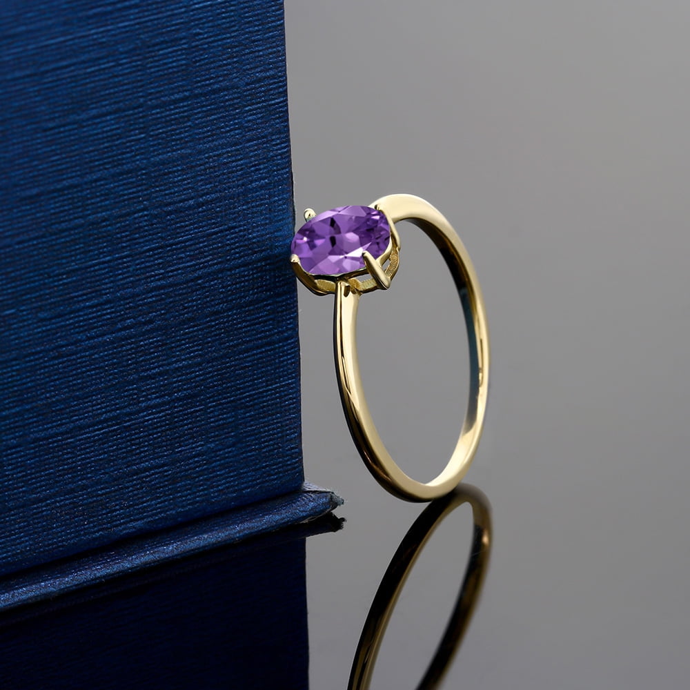 Gem Stone King 10K Yellow Gold Purple Amethyst Solitaire Engagement Ring | 0.75 Cttw | Oval 7X5MM | Gemstone Birthstone, | Wedding Anniversary Promise Gold Ring for Women
