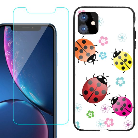 For Apple iPhone 11 Phone Case , Slim-Fit TPU Protective Case (Black), with Tempered Glass Screen Protector, by OneToughShield ® - Ladybug
