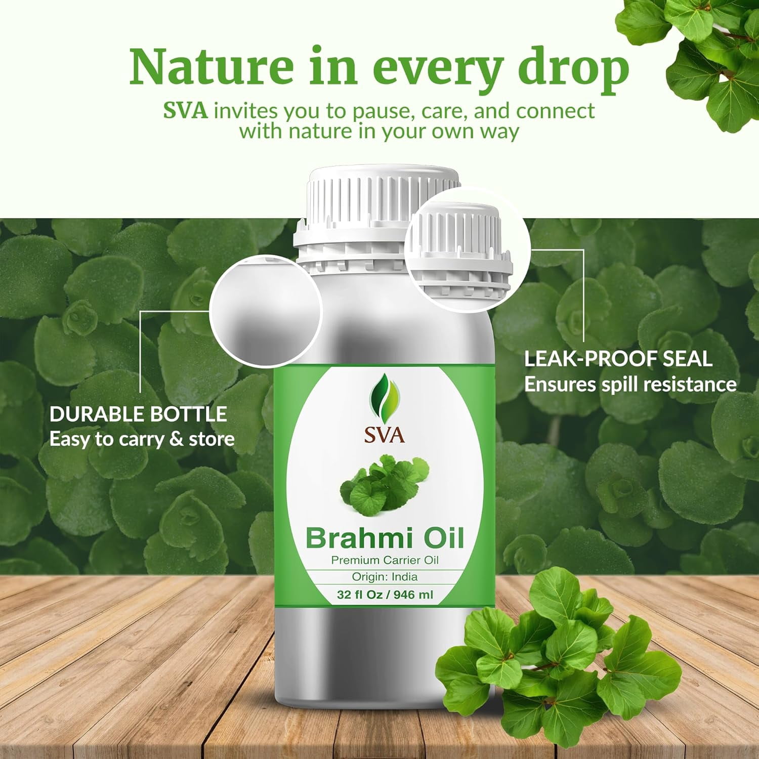 SVA Brahmi Oil - 32 Fl Oz – 100% Natural Cold Pressed Brahmi Oil - for Face, Skin Care, Hair Care, Scalp Massage & Body Massage – Carrier Oil