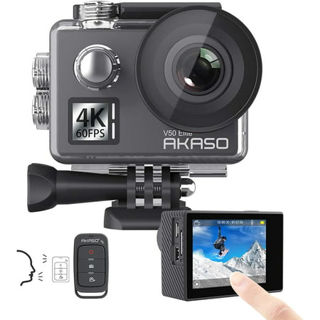 AKASO Action Camera V50 Elite 4K 60fps with Touch Screen WiFi Voice Control EIS Web Camera 130 feet Waterproof Underwater Camera Adjustable View Angle 8X Zoom Remote Control Sports Camera with Helmet