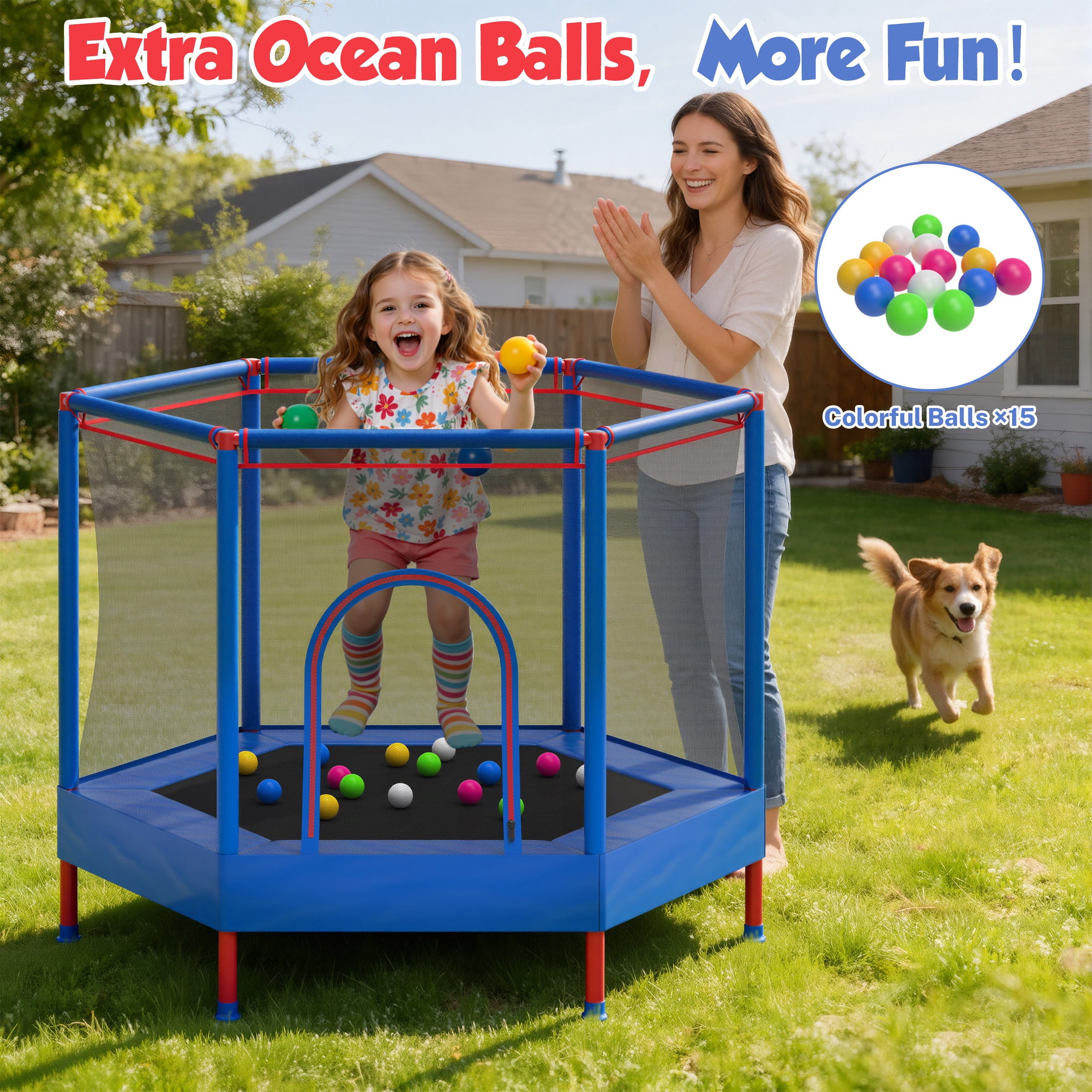 SHINPT 55'' Kids Trampoline with Safety Net, No-Gap Toddler Trampoline Indoor&Outdoor, Mini Trampoline for Kids Ages 3-8, 4.5FT Small Trampoline with Enclosure, Easy Assembly