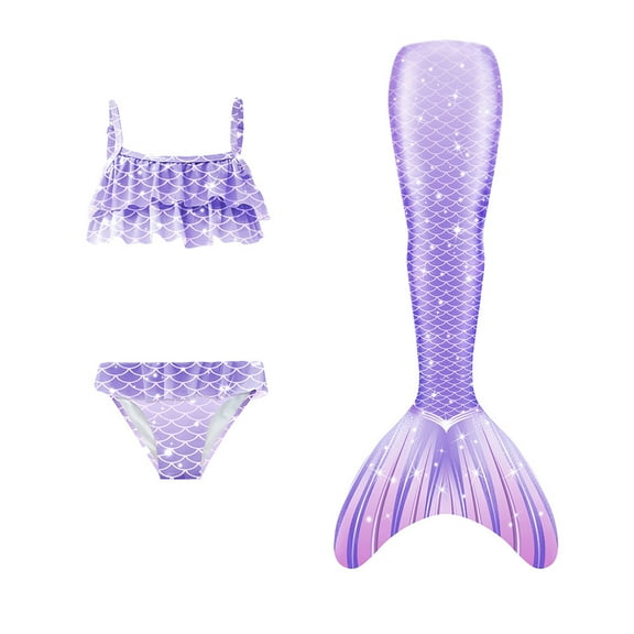 【Uhome】3-12Y Girls Mermaid Bathing Suit 3PCS Cute Ruffle Bikini Swimsuits with Fish Tail Kids Beach Swimwear