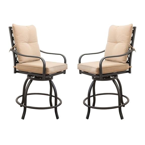 Khaki Outdoor Swivel Stool - Stable Metal, Comfortable , Deck Chairs 2 360 Degrees Rotation Metal Frame Thick Seat & Back Cushion For Garden, Deck, Balcony