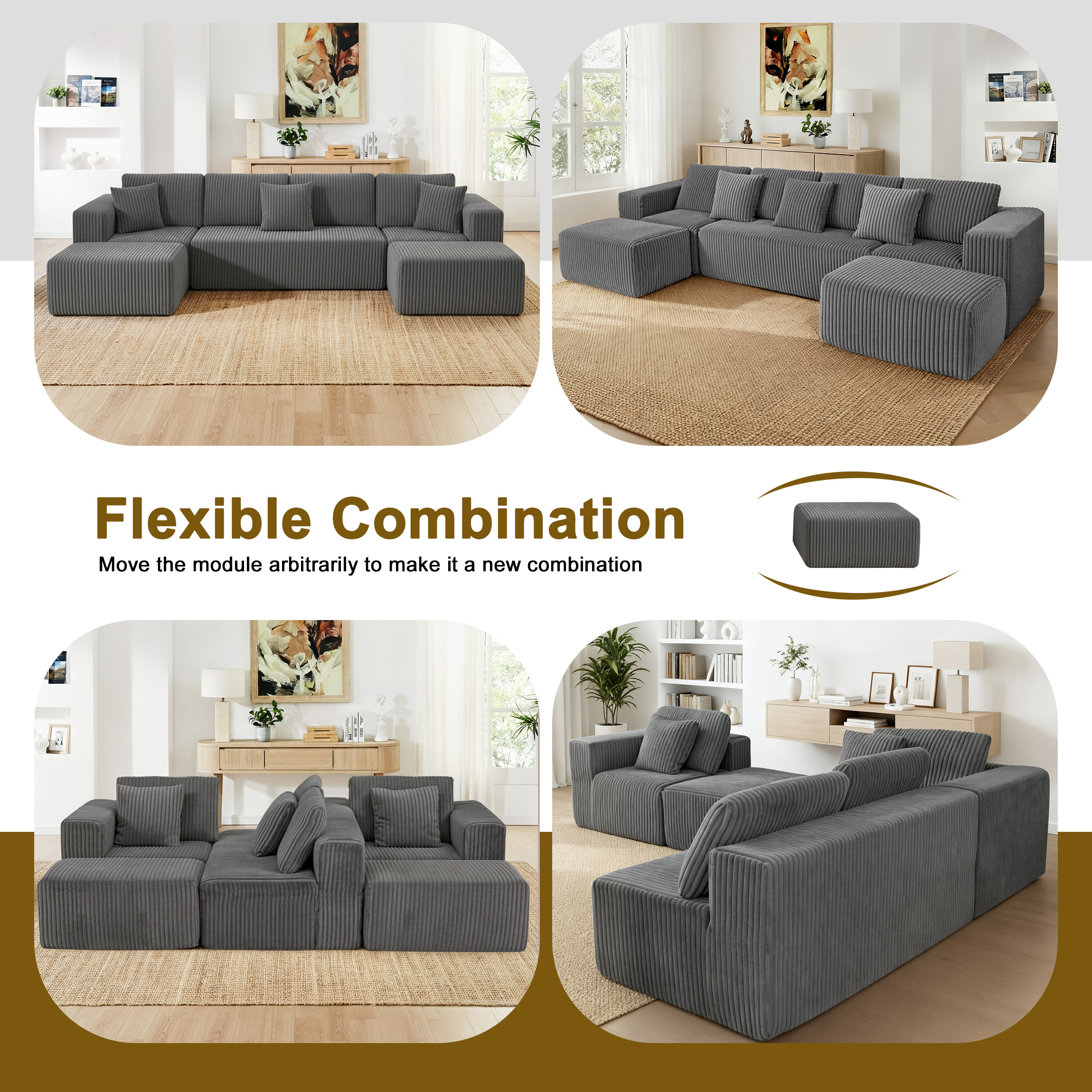 132.58" Boneless Couch, Gray Modern Sectional Couch for Living Room, Modular U-Shaped 4-Seater Chaise Lounge with Reversible Design, Striped Corduroy Fabric, Freely Configurable Layout