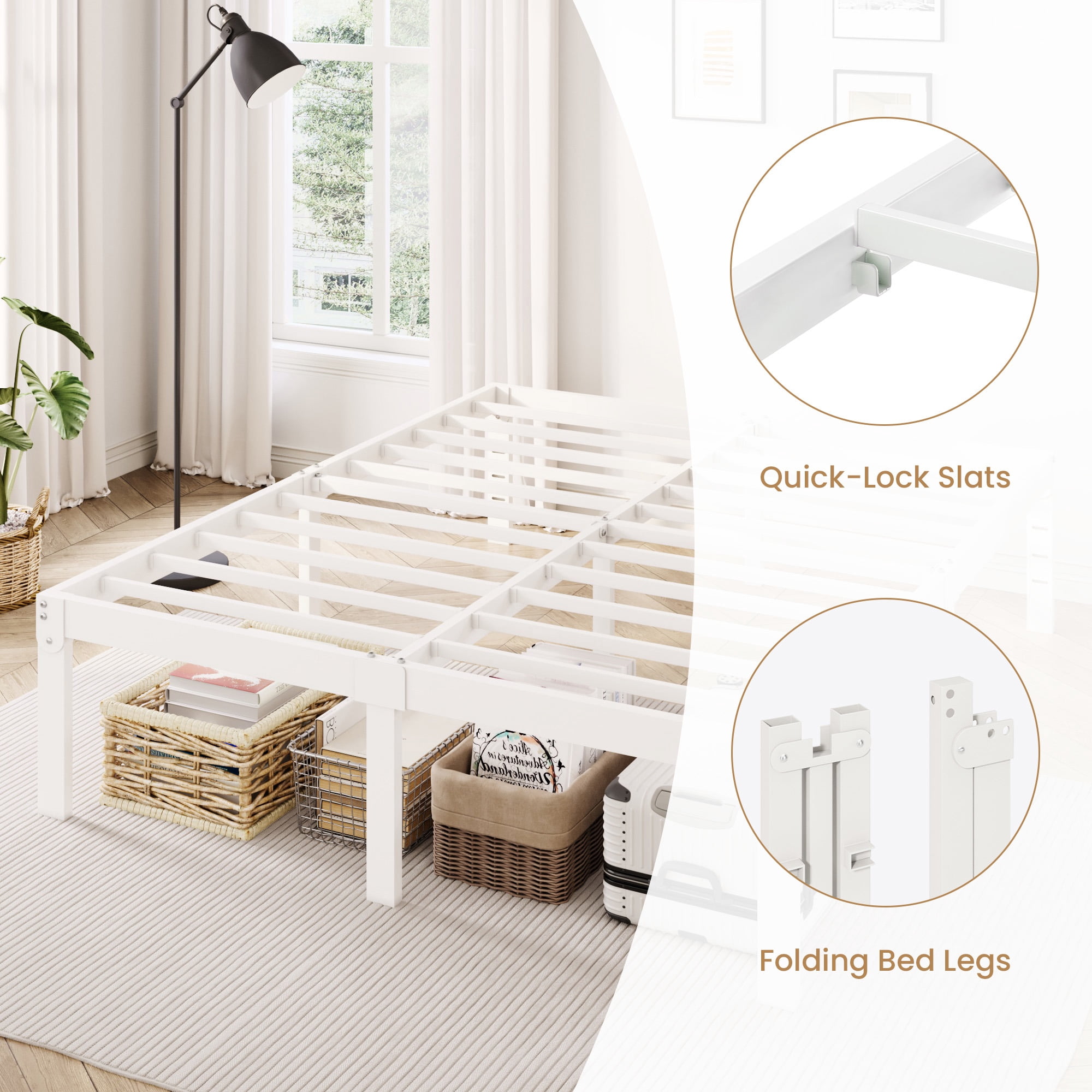 Merrland 12 Inch Queen Size Metal Platform Bed Frame, Heavy-Duty, Under-Bed Storage Space, Easy Assembly, Headboard Compatible, White
