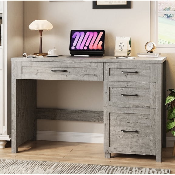 Conate 47" Executive Desk with File Cabinet & Drawers - Home Office Computer Desk with Charging Station, Farmhouse Workstation Table for Study,Gray