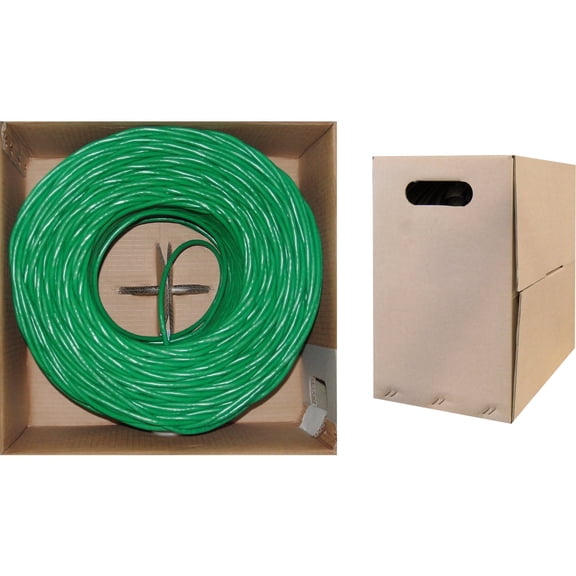 1000 Foot Bulk Cat6 Ethernet Cable, 23 AWG, 350 Mhz, ETL Listed 4 Pair Solid Copper, Unshielded Twisted Pair(UTP) with Pull Box, Green, CableWholesale