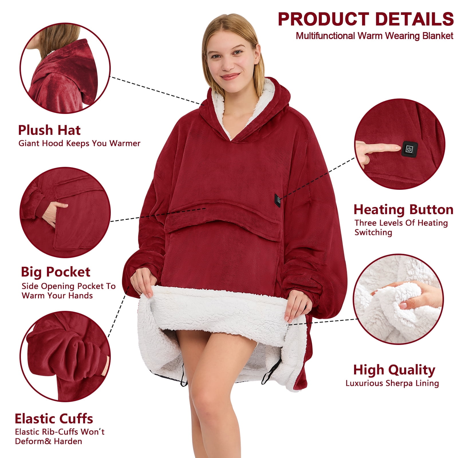 PMONPA Heated Wearable Blanket, Oversized Wearable Heated Blanket for Adult, Sherpa Fleece Blanket Hoodie, One Size, Burgundy