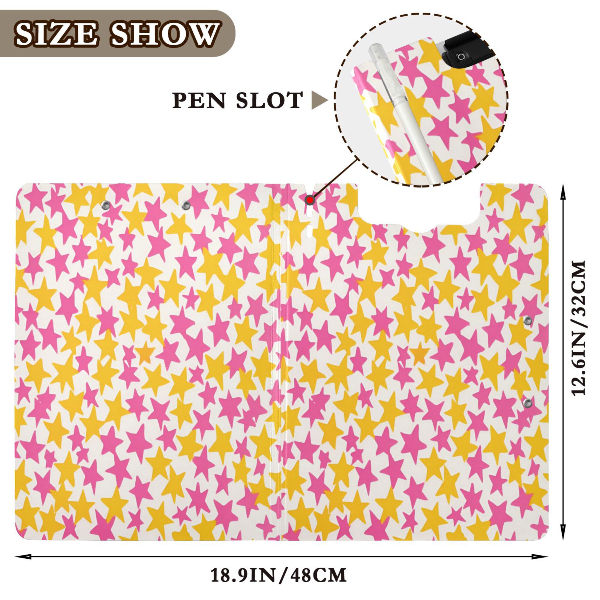 FORMRS A4 Clipboard Folder with Pen Holder Horizontal Foldable School Office Binder, Yellow Stars Pattern